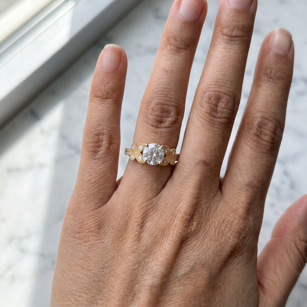 Gruya Ring by Meri Jaan — lab-grown moissanite ring, worn by model