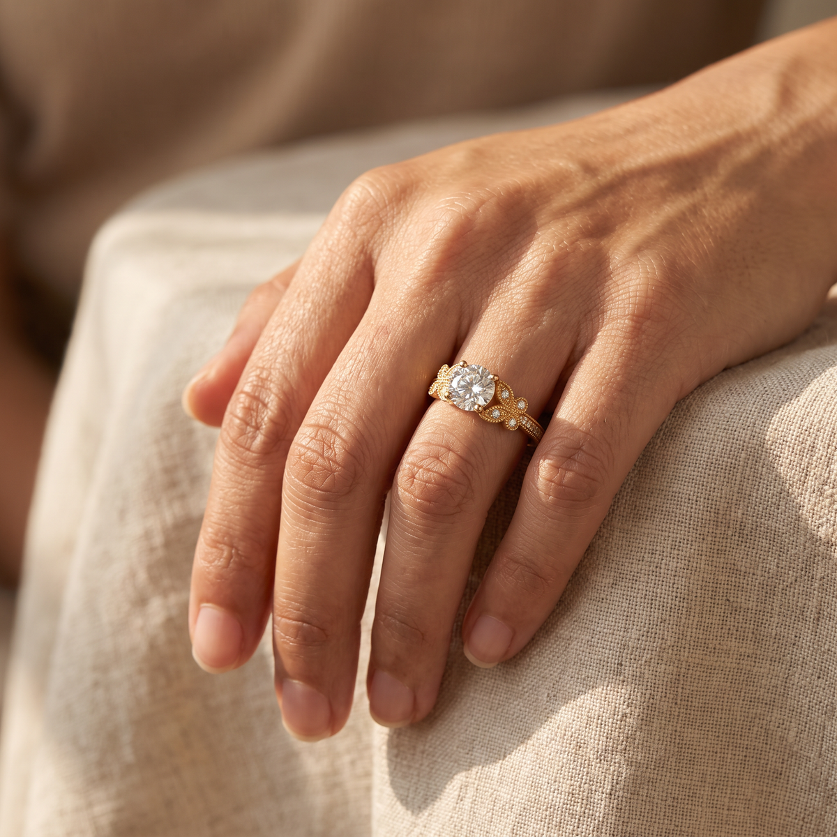 Gruya Ring by Meri Jaan — lab-grown moissanite ring, worn by model