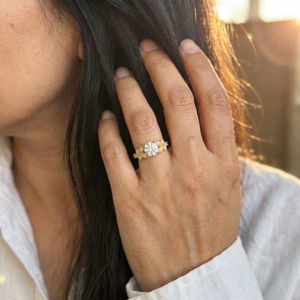 Gruya Ring by Meri Jaan — lab-grown moissanite ring, worn by model