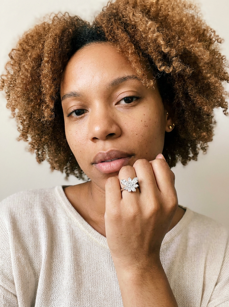Guarda by Meri Jaan — lab-grown moissanite jewellery, worn by model