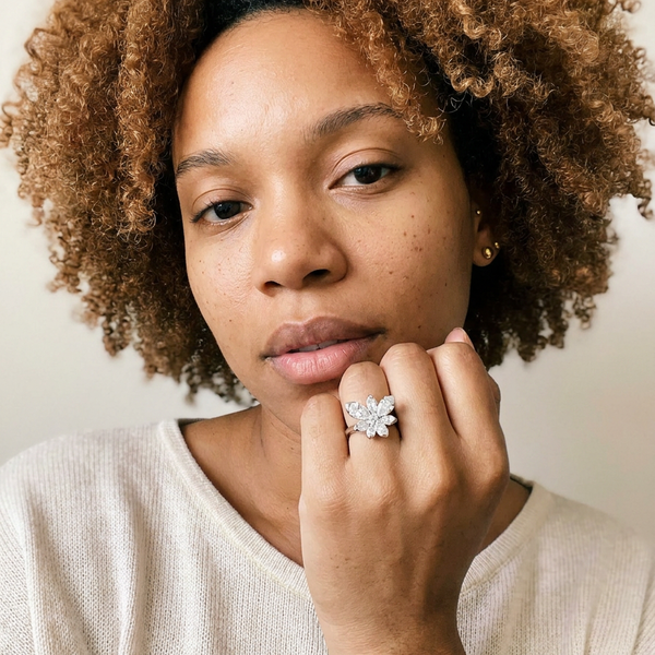Guarda by Meri Jaan — lab-grown moissanite jewellery, worn by model