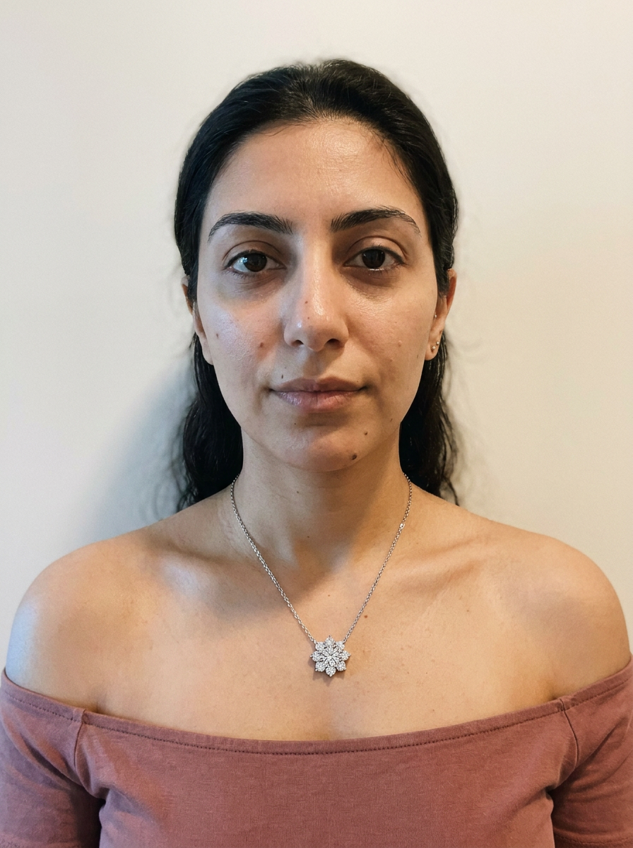 Jungfrau Necklace by Meri Jaan — lab-grown moissanite necklace, worn by model