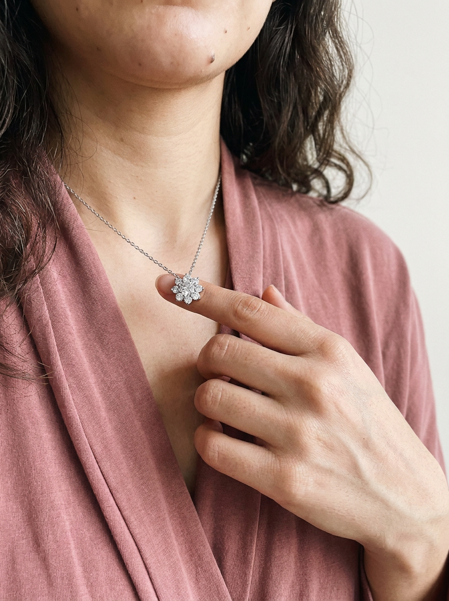 Jungfrau Necklace by Meri Jaan — lab-grown moissanite necklace, worn by model