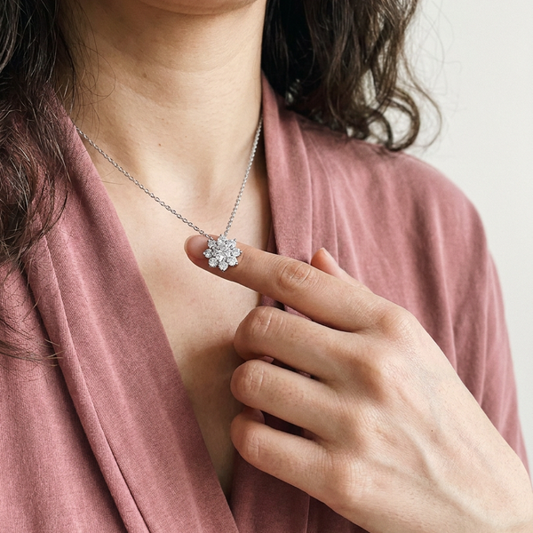 Jungfrau Necklace by Meri Jaan — lab-grown moissanite necklace, worn by model