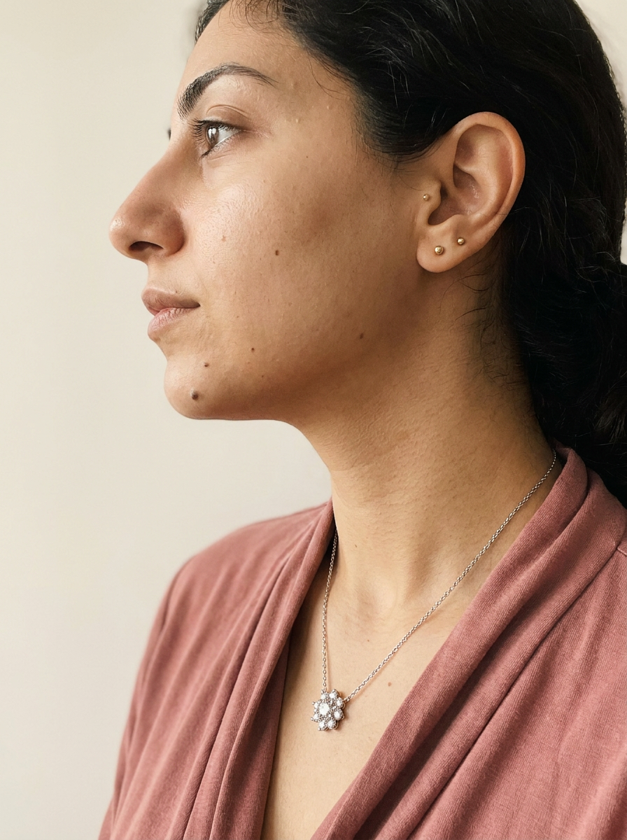 Jungfrau Necklace by Meri Jaan — lab-grown moissanite necklace, worn by model