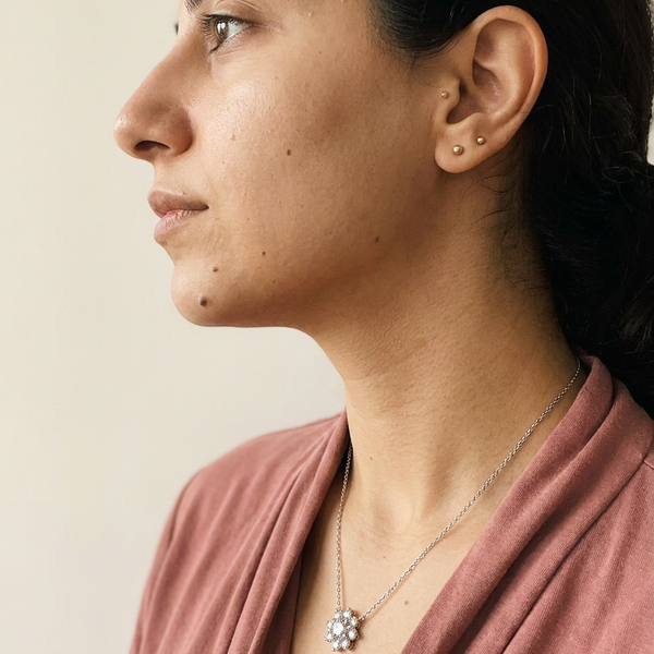 Jungfrau Necklace by Meri Jaan — lab-grown moissanite necklace, worn by model