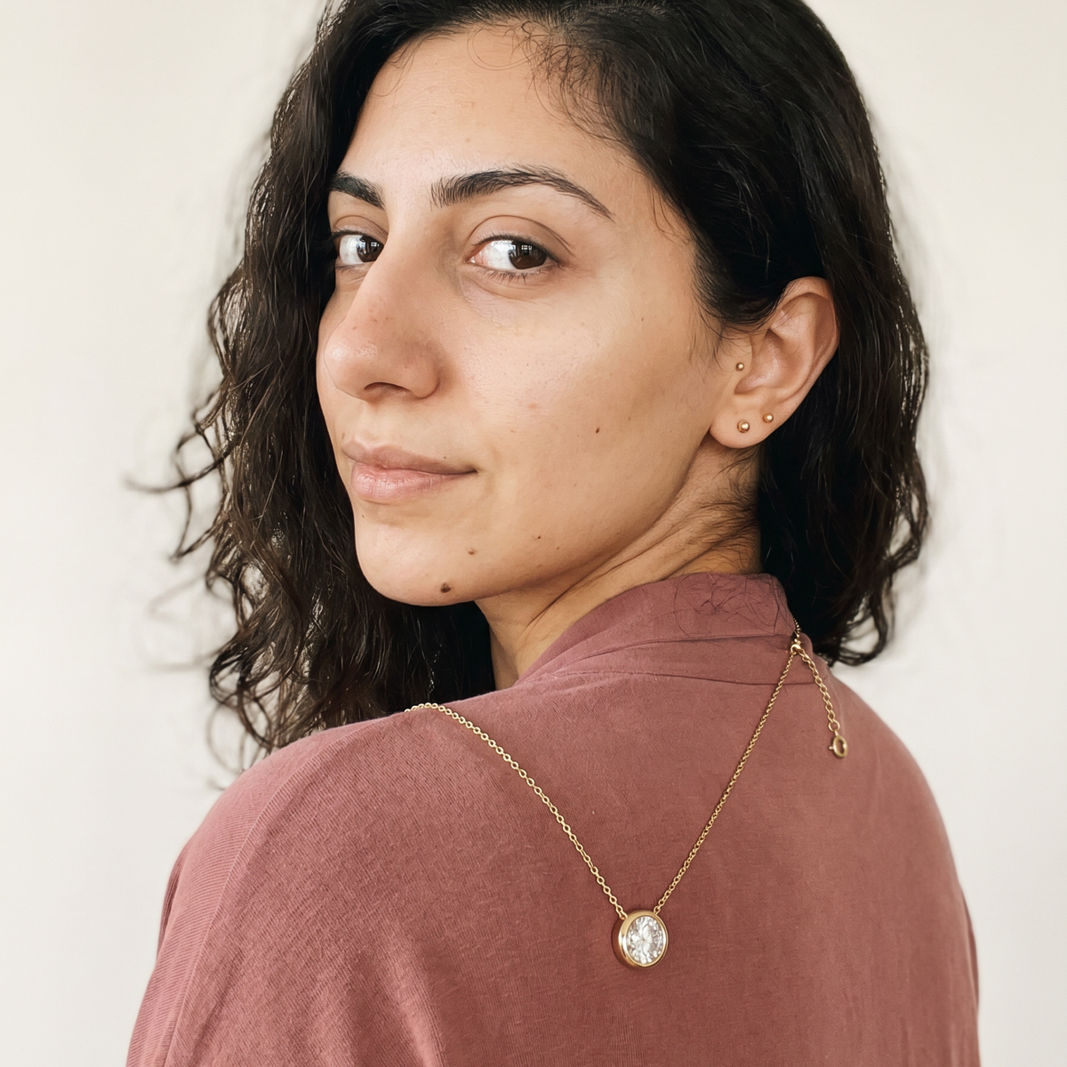 Lax Necklace by Meri Jaan — lab-grown moissanite necklace, worn by model
