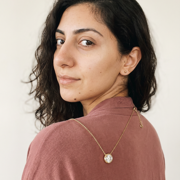 Lax Necklace by Meri Jaan — lab-grown moissanite necklace, worn by model