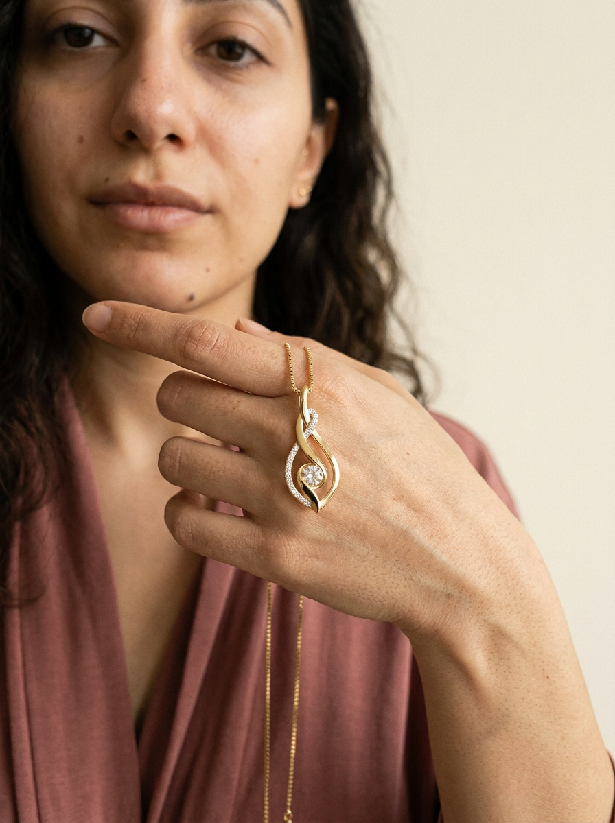 Lucerne Necklace by Meri Jaan — lab-grown moissanite necklace, worn by model