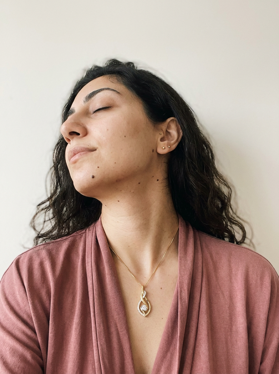 Lucerne Necklace by Meri Jaan — lab-grown moissanite necklace, worn by model