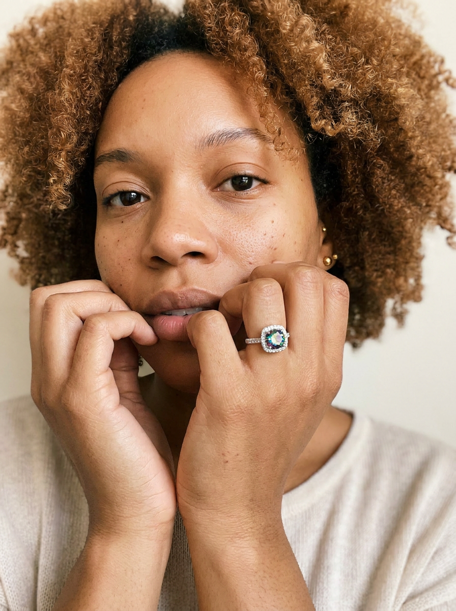 Menzingen Ring by Meri Jaan — lab-grown moissanite ring, worn by model
