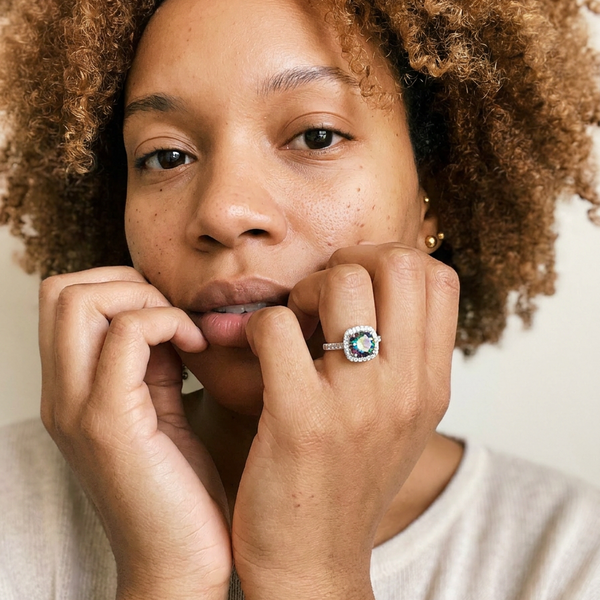 Menzingen Ring by Meri Jaan — lab-grown moissanite ring, worn by model
