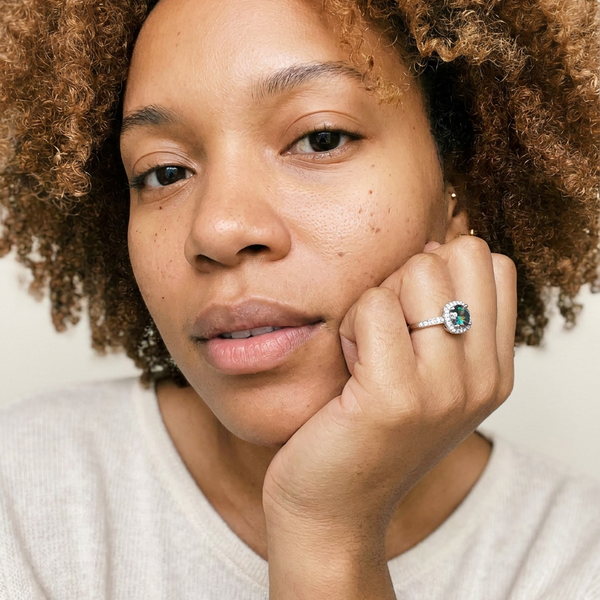 Menzingen Ring by Meri Jaan — lab-grown moissanite ring, worn by model