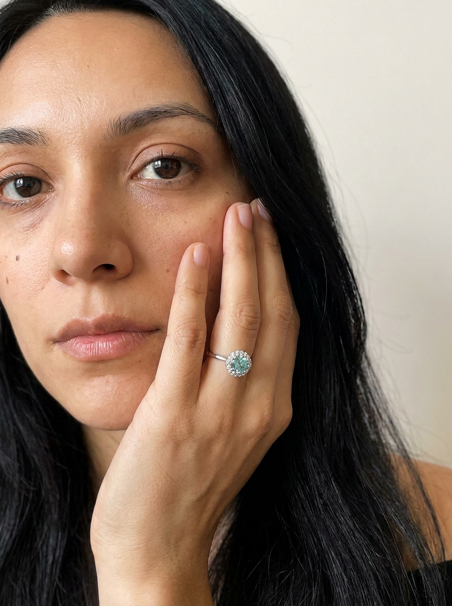 Morcote by Meri Jaan — lab-grown moissanite jewellery, worn by model