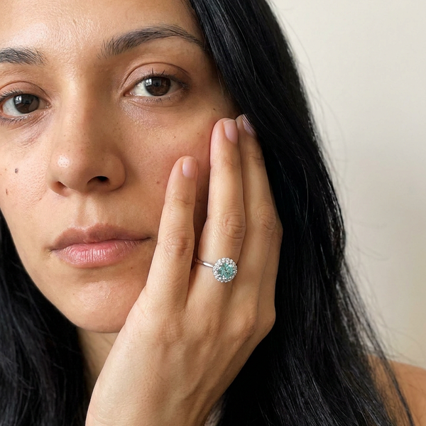 Morcote by Meri Jaan — lab-grown moissanite jewellery, worn by model