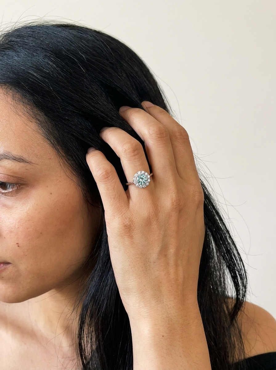 Morcote by Meri Jaan — lab-grown moissanite jewellery, worn by model
