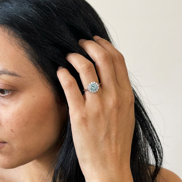 Morcote by Meri Jaan — lab-grown moissanite jewellery, worn by model