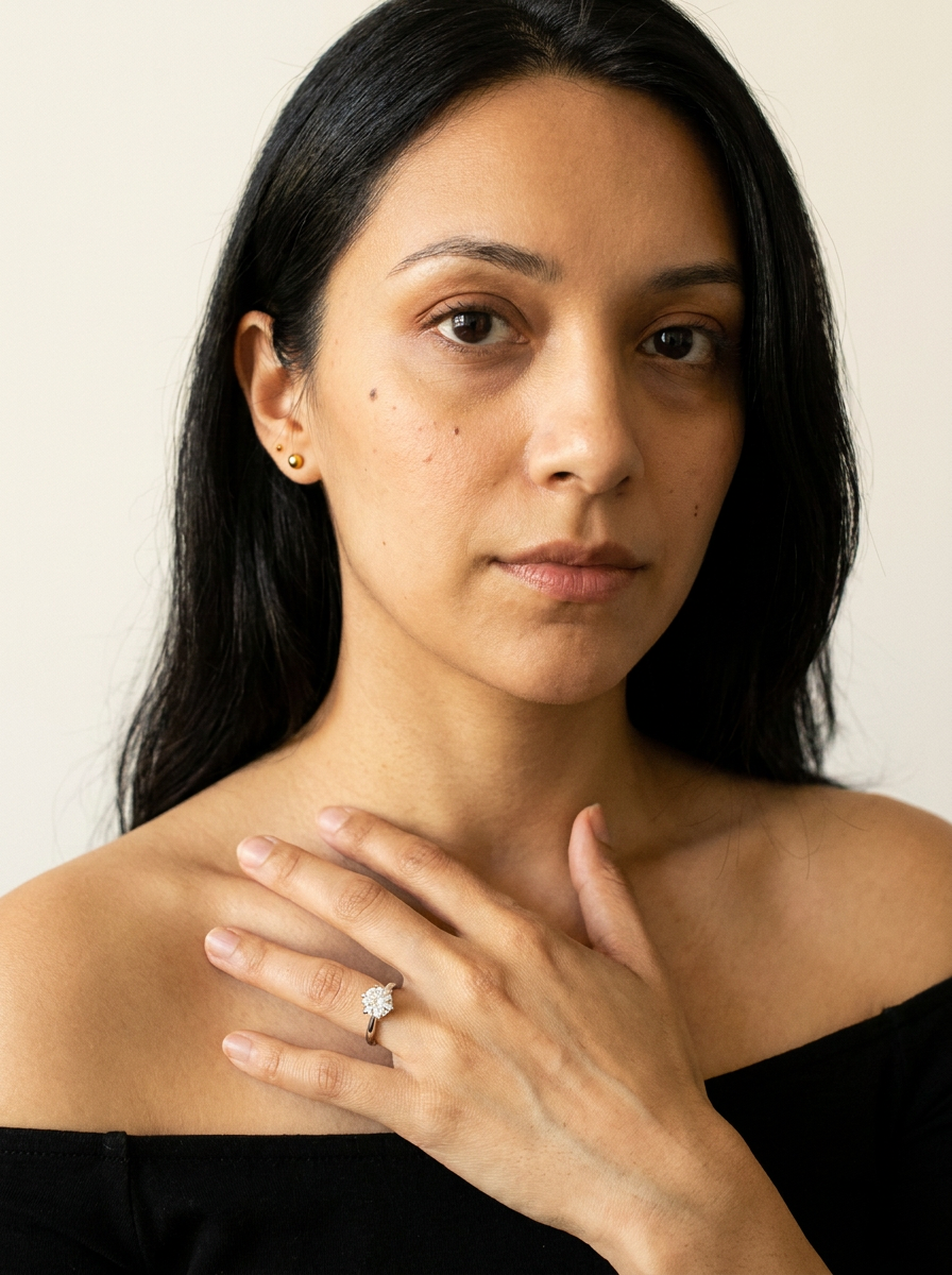 Nyon Ring by Meri Jaan — lab-grown moissanite ring, worn by model