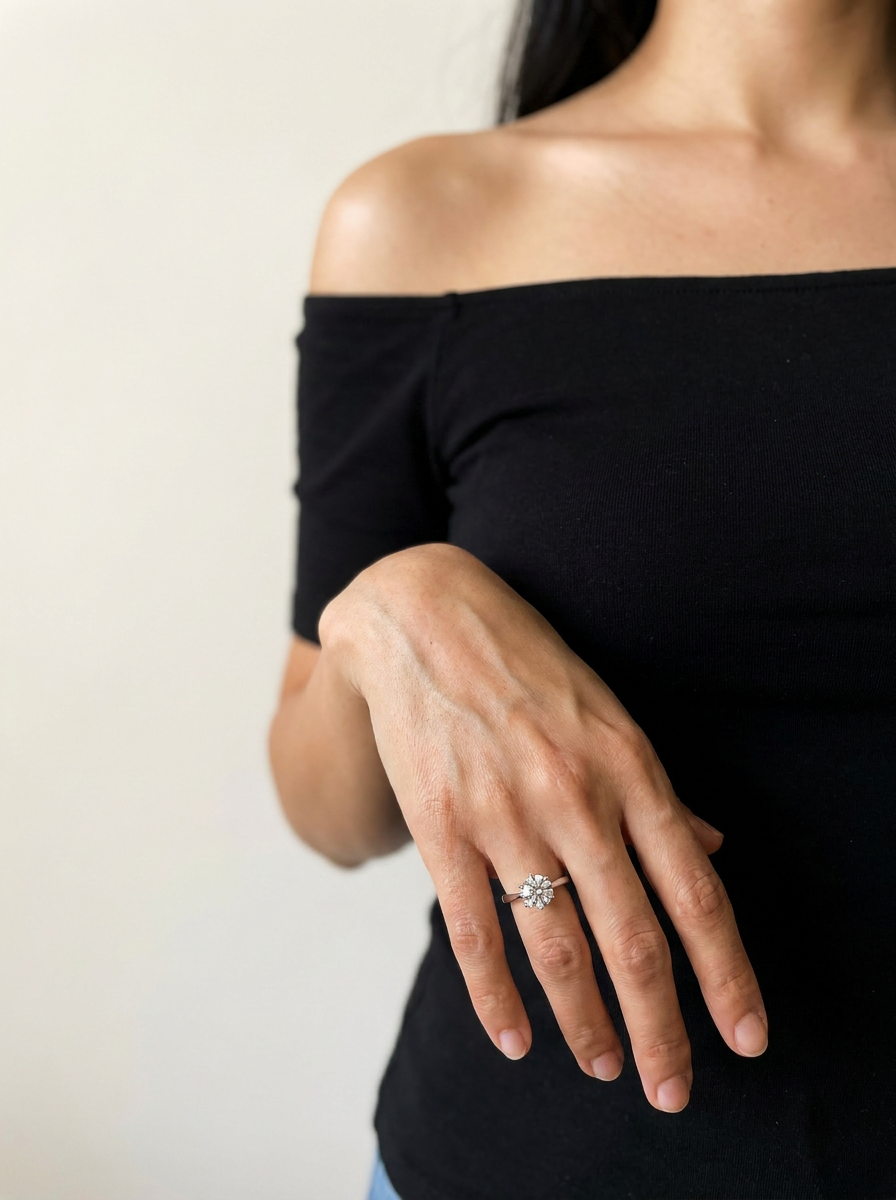 Nyon Ring by Meri Jaan — lab-grown moissanite ring, worn by model