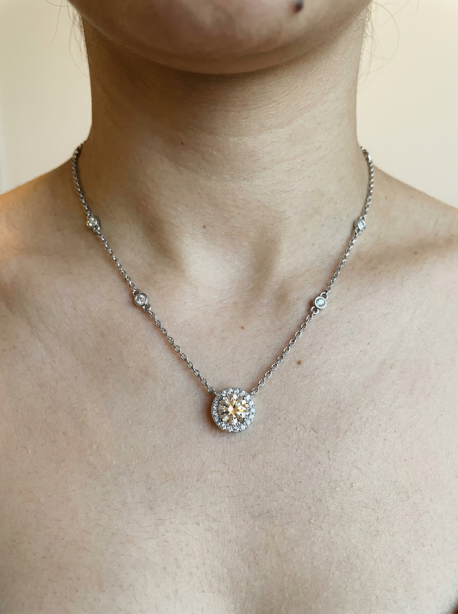 Rheinfall Necklace by Meri Jaan — lab-grown moissanite necklace, worn by model