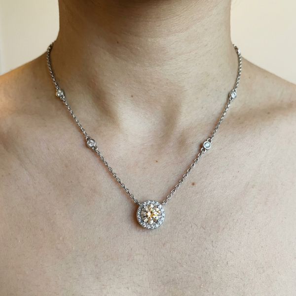 Rheinfall Necklace by Meri Jaan — lab-grown moissanite necklace, worn by model