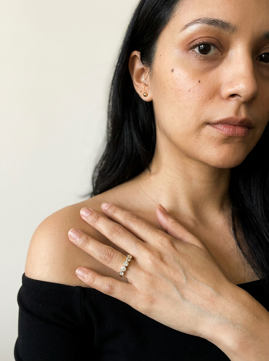 Rhone Ring by Meri Jaan — lab-grown moissanite ring, worn by model
