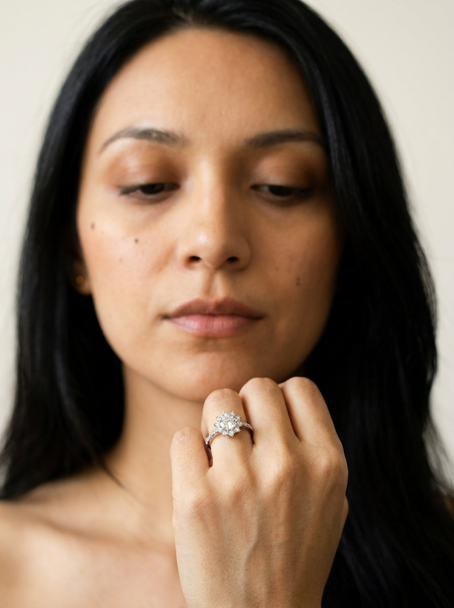 Romainmôtier by Meri Jaan — lab-grown moissanite jewellery, worn by model