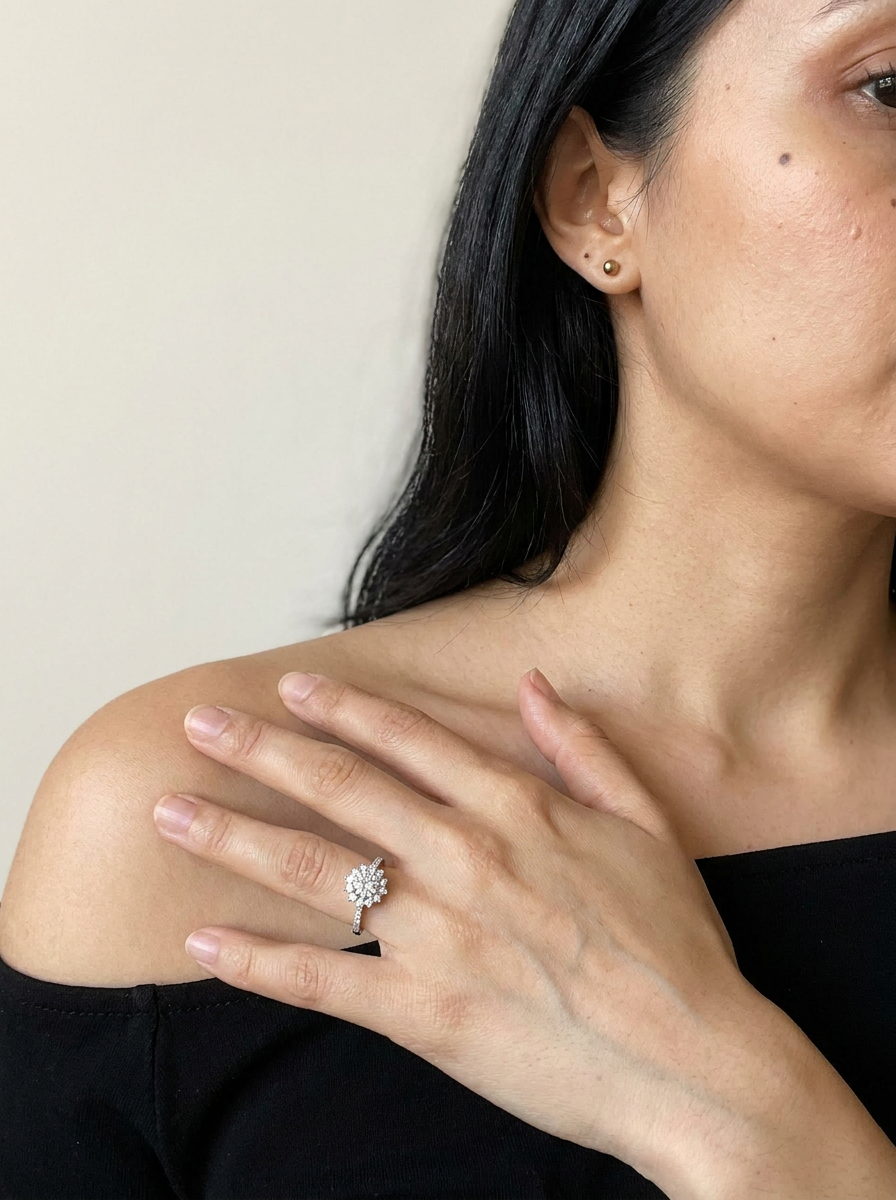 Romainmôtier by Meri Jaan — lab-grown moissanite jewellery, worn by model