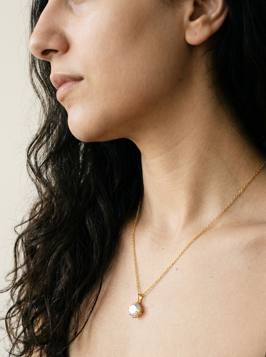Rothenthurm Necklace by Meri Jaan — lab-grown moissanite necklace, worn by model