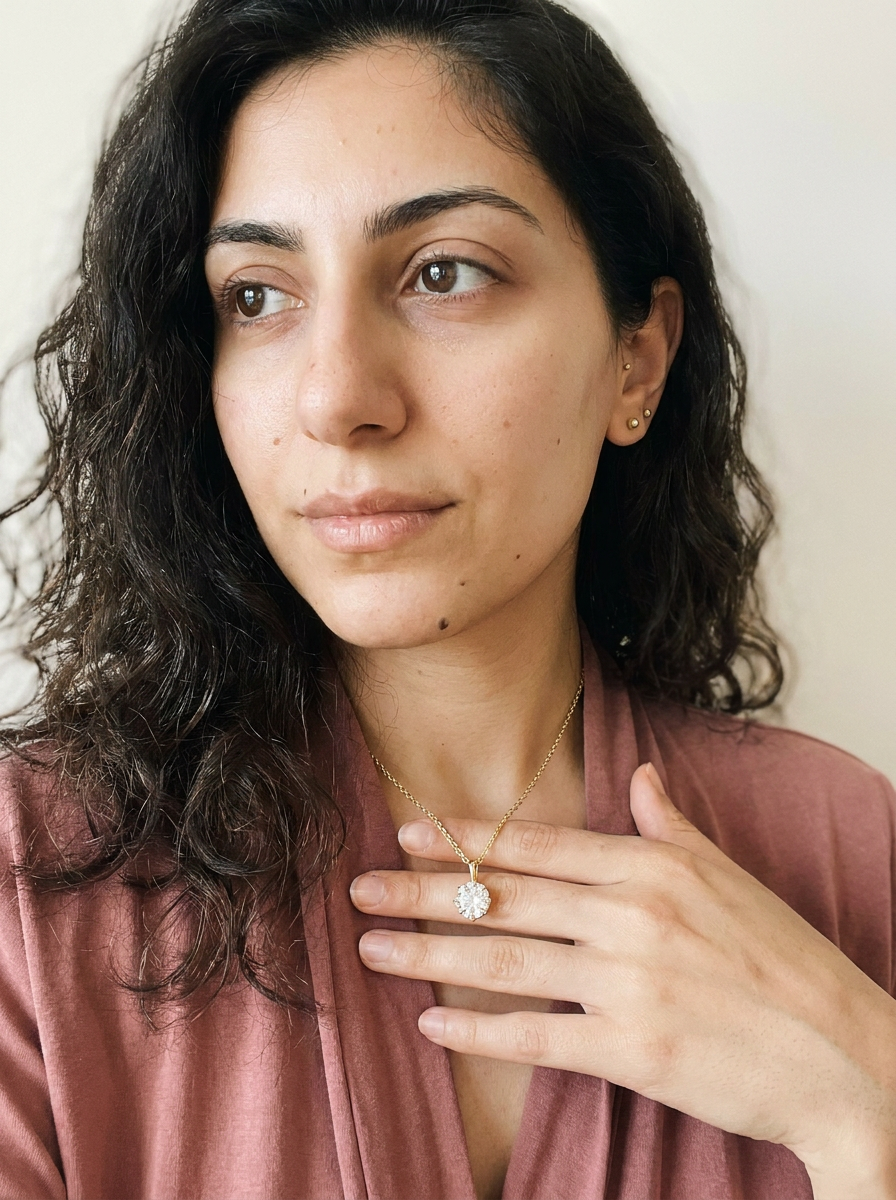 Rothenthurm Necklace by Meri Jaan — lab-grown moissanite necklace, worn by model