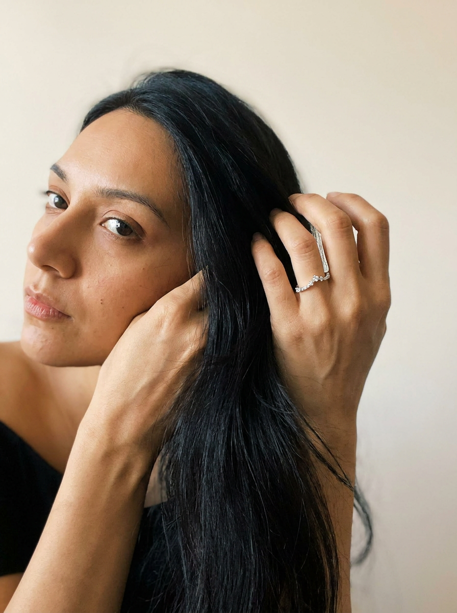 Saas-Fee by Meri Jaan — lab-grown moissanite jewellery, worn by model