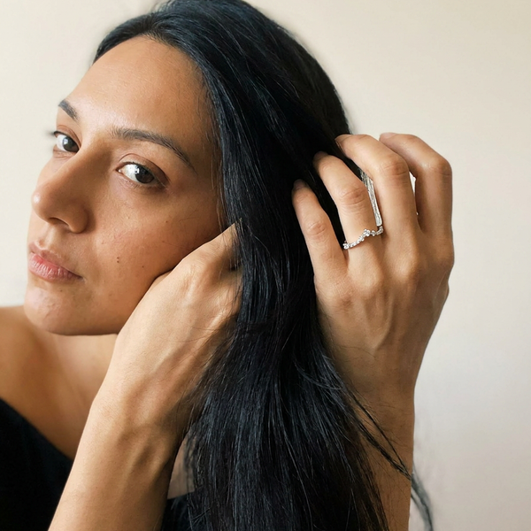 Saas-Fee by Meri Jaan — lab-grown moissanite jewellery, worn by model