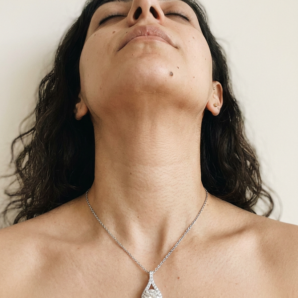 Saint-Moritz Necklace by Meri Jaan — lab-grown moissanite necklace, worn by model