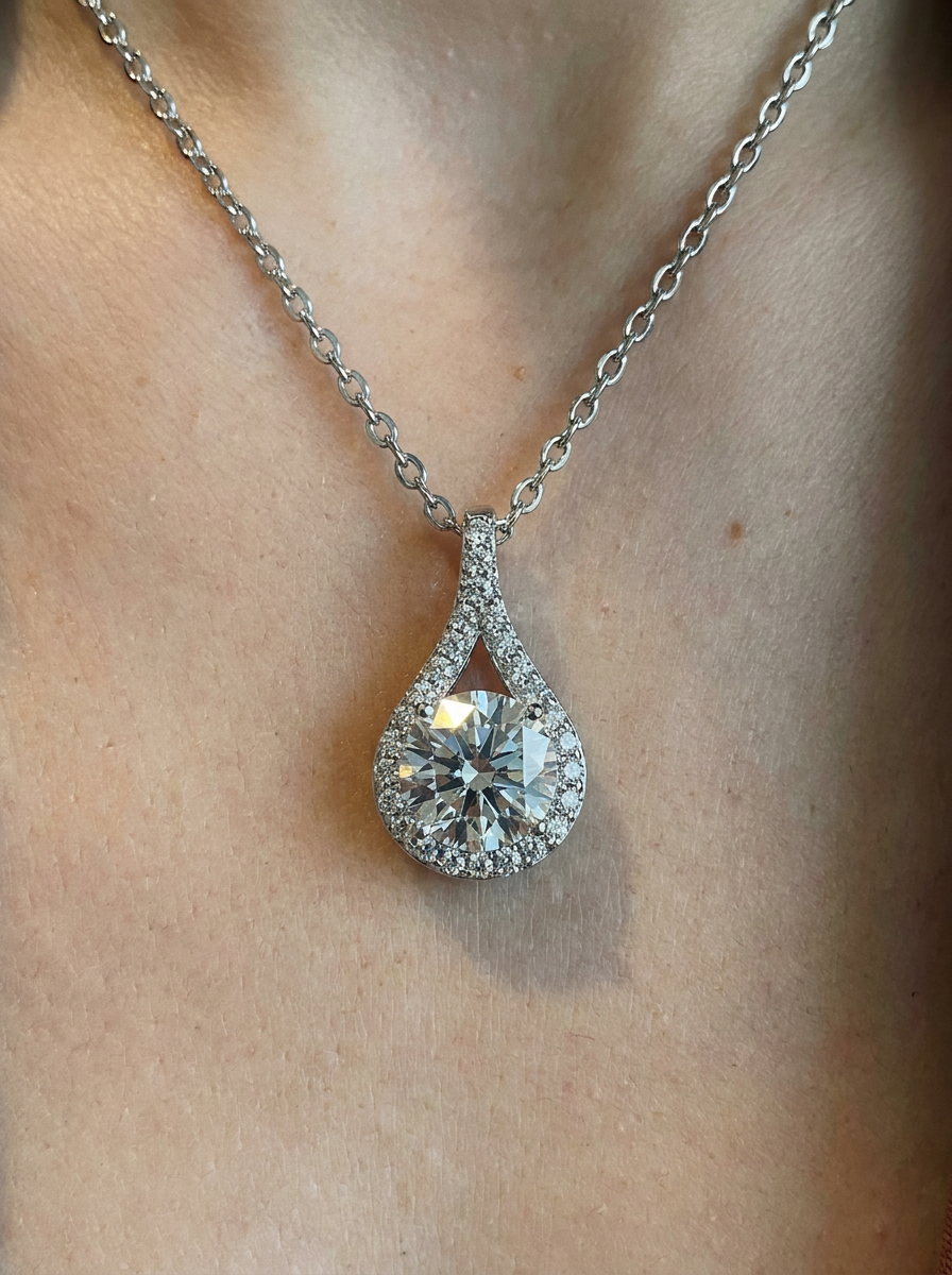Saint-Moritz Necklace by Meri Jaan — lab-grown moissanite necklace, worn by model