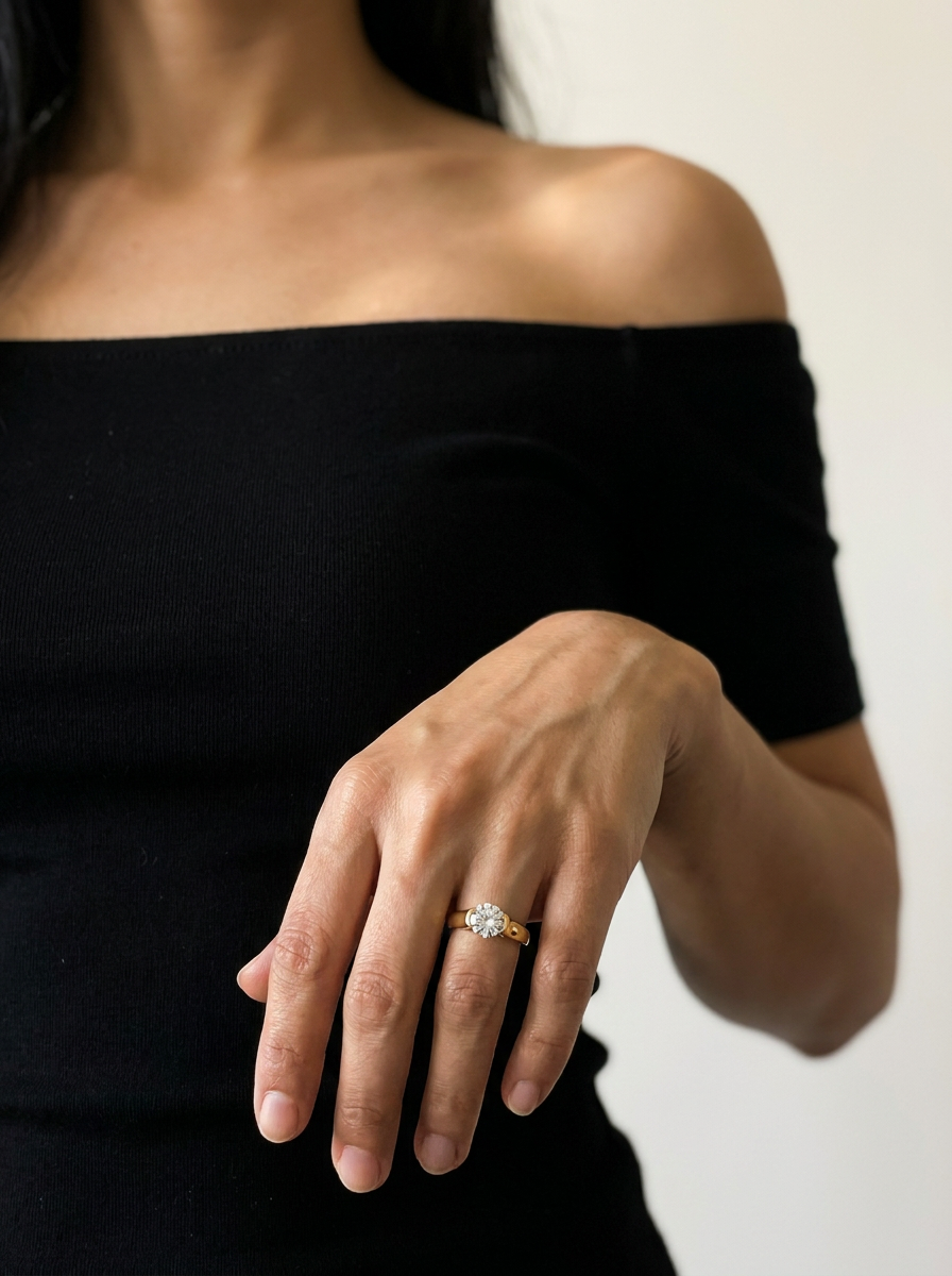 Sierre Ring by Meri Jaan — lab-grown moissanite ring, worn by model