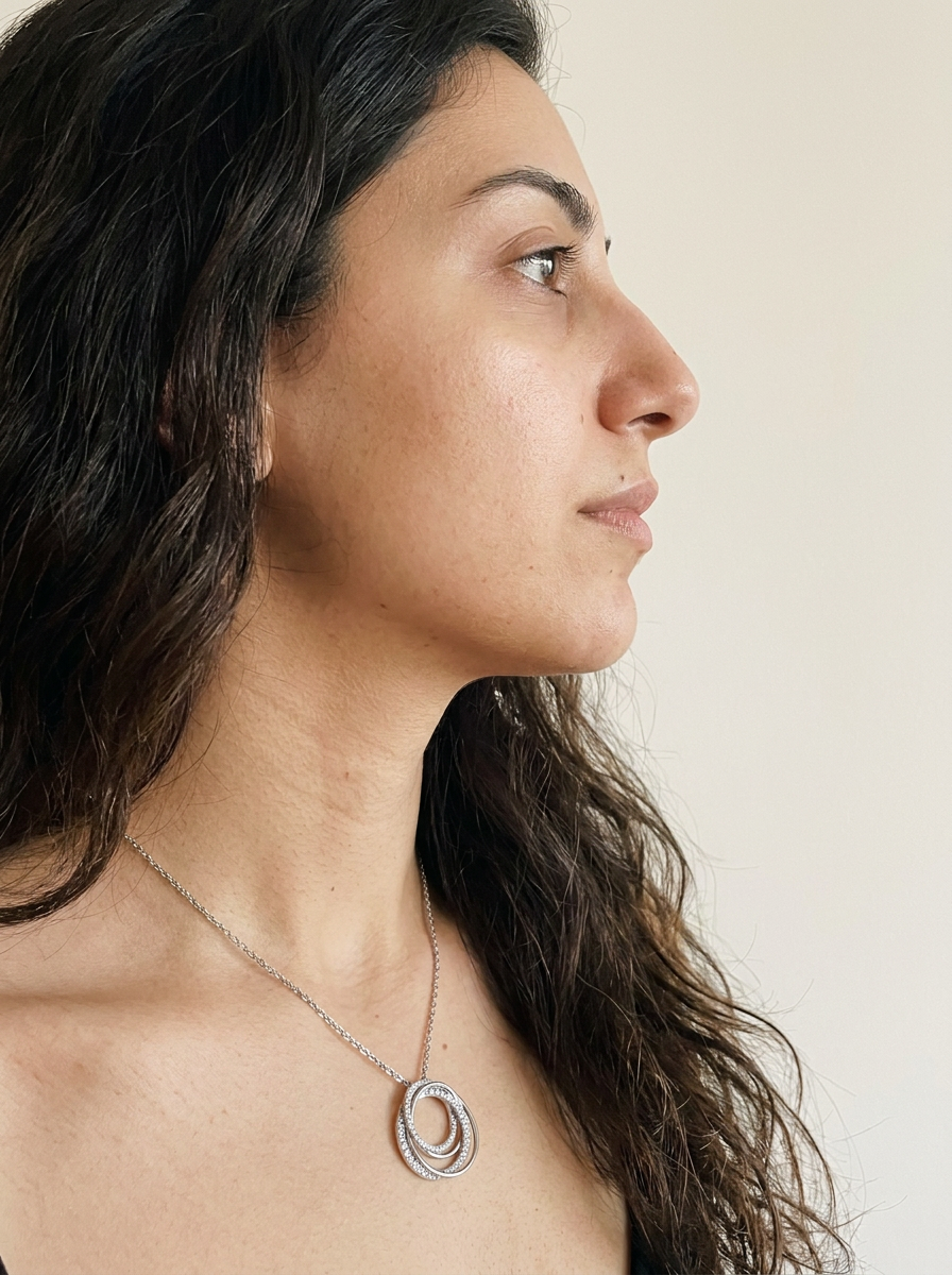 Sion Necklace by Meri Jaan — lab-grown moissanite necklace, worn by model