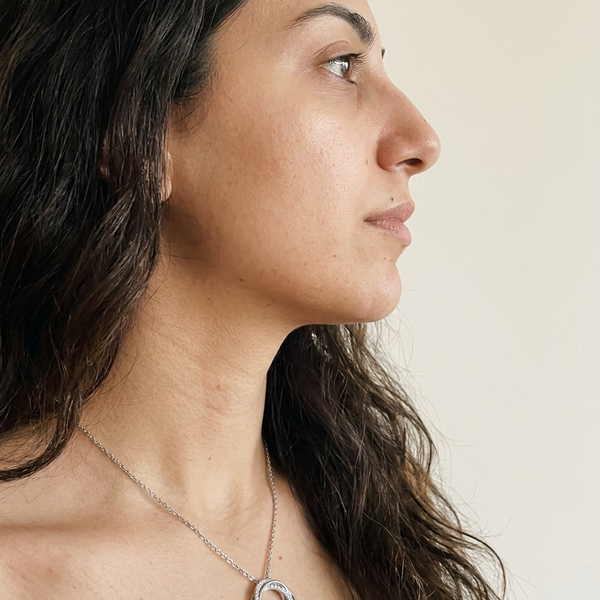 Sion Necklace by Meri Jaan — lab-grown moissanite necklace, worn by model
