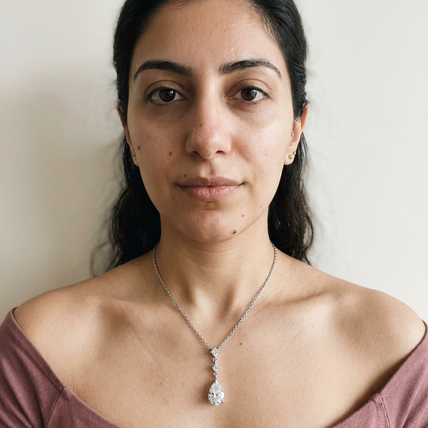 Ticino Necklace by Meri Jaan — lab-grown moissanite necklace, worn by model