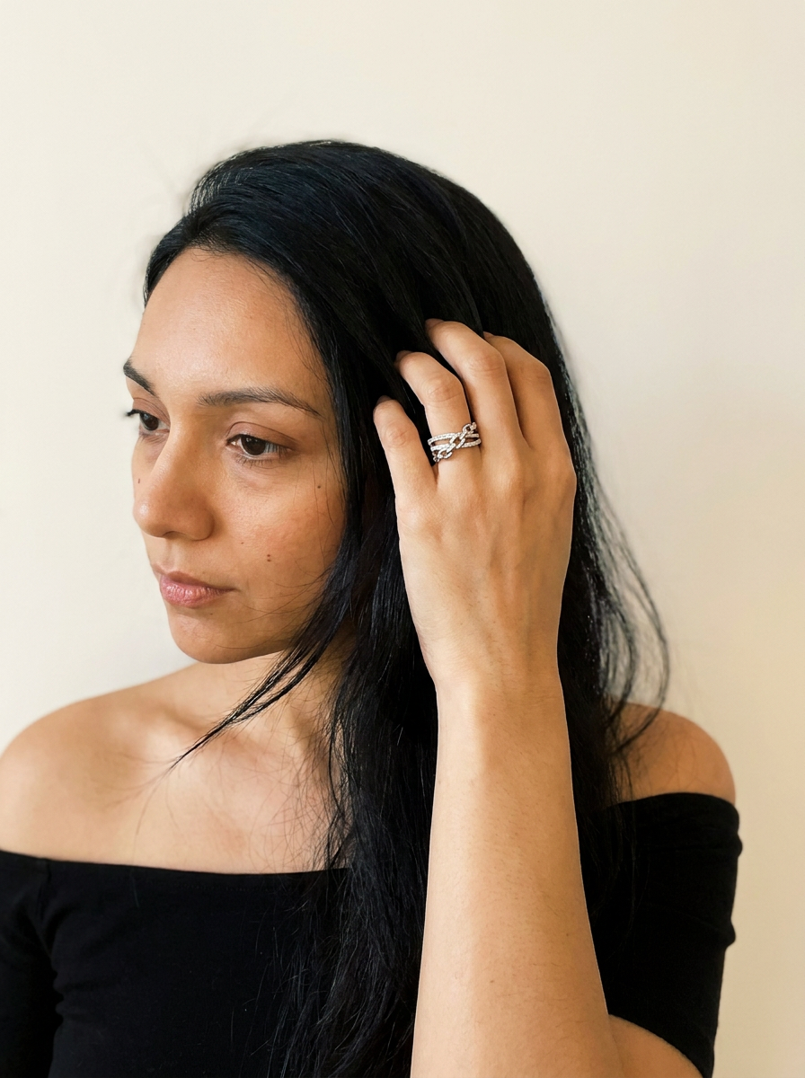 Vals by Meri Jaan — lab-grown moissanite jewellery, worn by model