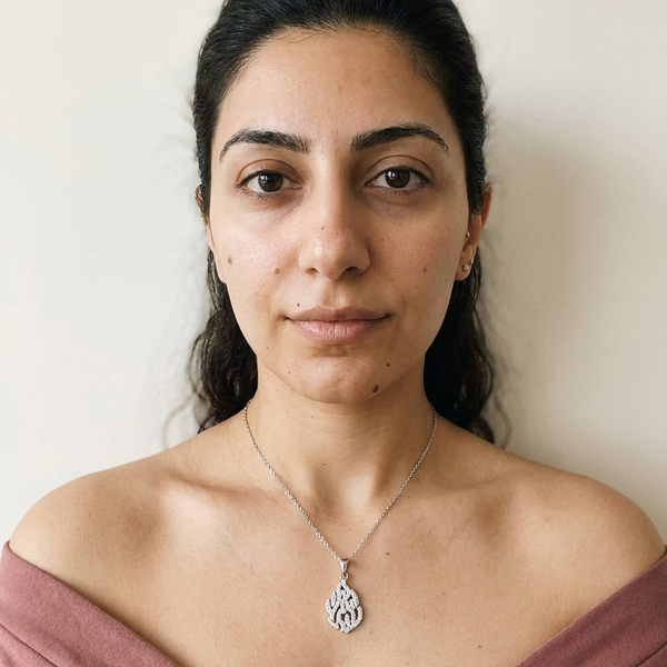 Vevey Necklace by Meri Jaan — lab-grown moissanite necklace, worn by model