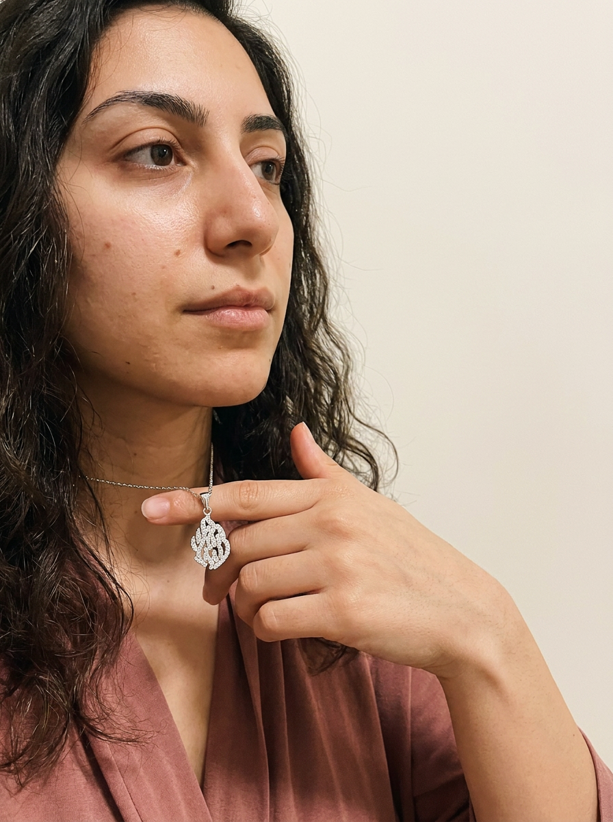 Vevey Necklace by Meri Jaan — lab-grown moissanite necklace, worn by model