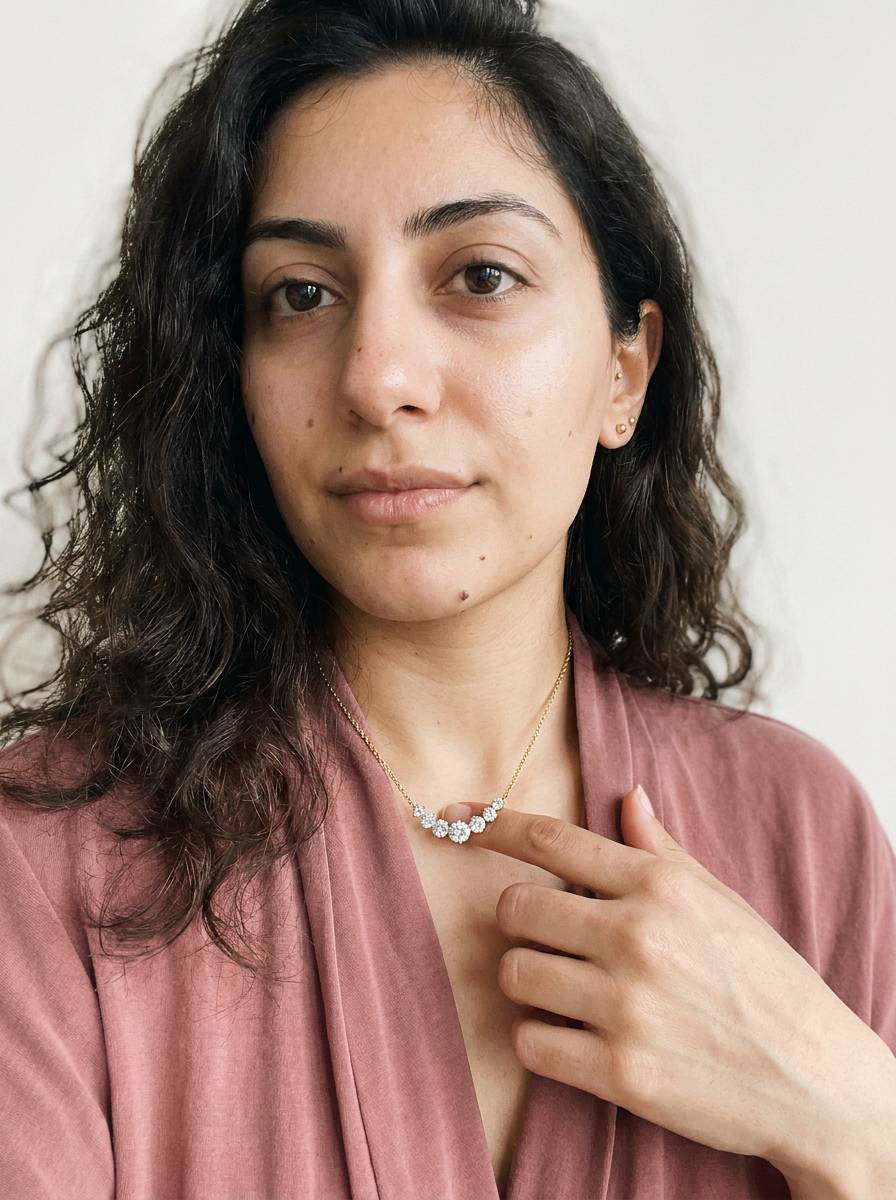 Zermatt Necklace by Meri Jaan — lab-grown moissanite necklace, worn by model