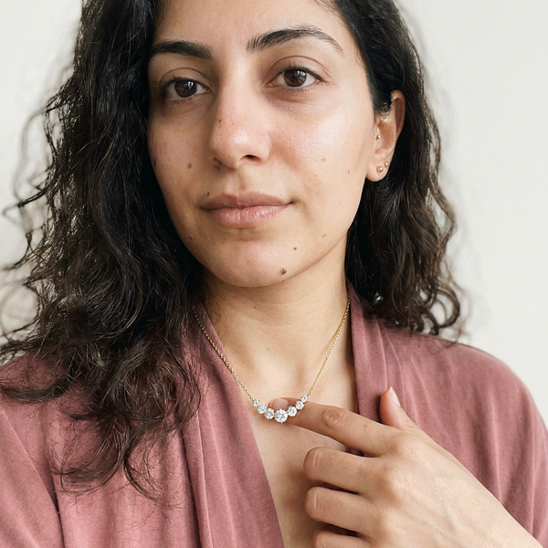 Zermatt Necklace by Meri Jaan — lab-grown moissanite necklace, worn by model
