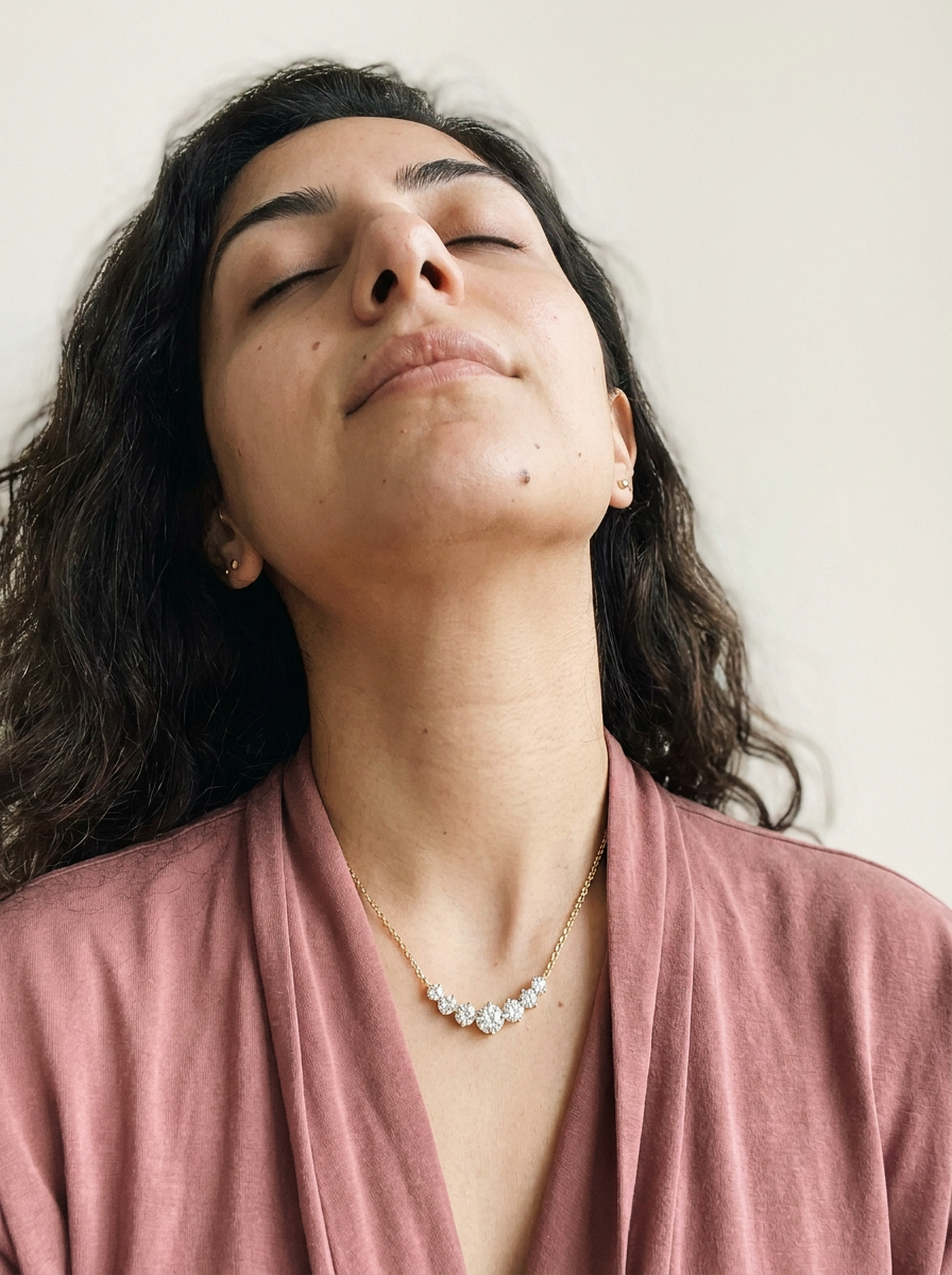 Zermatt Necklace by Meri Jaan — lab-grown moissanite necklace, worn by model