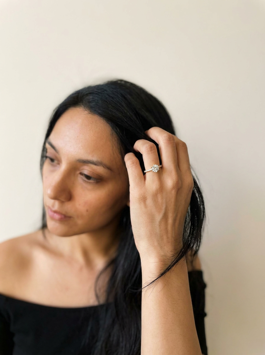 Zug Ring by Meri Jaan — lab-grown moissanite ring, worn by model