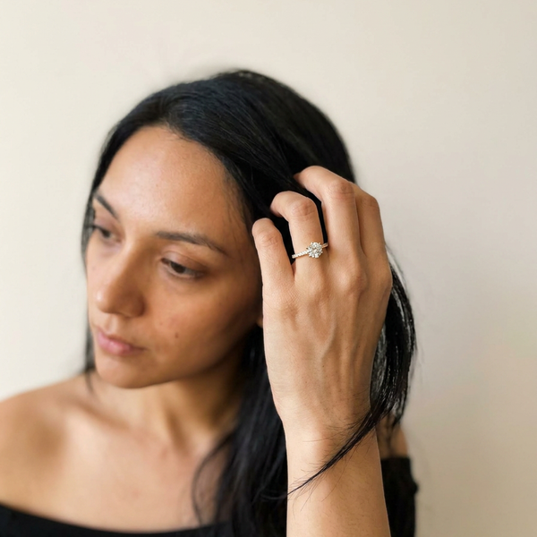Zug Ring by Meri Jaan — lab-grown moissanite ring, worn by model